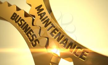 Golden Gears with Maintenance Business Concept. Maintenance Business - Concept. Maintenance Business on Mechanism of Golden Metallic Gears. 3D Render.