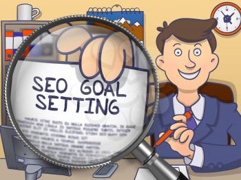 SEO Goal Setting on Paper in Officeman's Hand through Magnifier to Illustrate a Business Concept. Colored Doodle Style Illustration.