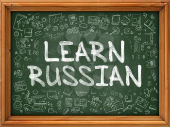 Green Chalkboard with Hand Drawn Learn Russian with Doodle Icons Around. Line Style Illustration.