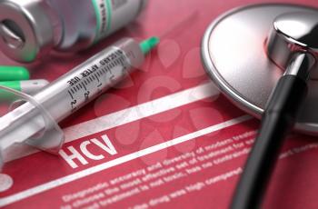 HCV - - Hepatitis C Virus - Medical Concept with Blurred Text, Stethoscope, Pills and Syringe on Red Background. Selective Focus. 3D Render.