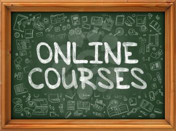 Online Courses Concept. Modern Line Style Illustration. Online Courses Handwritten on Green Chalkboard with Doodle Icons Around. Doodle Design Style of Online Courses Concept.
