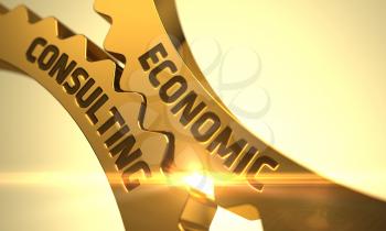 Economic Consulting on the Mechanism of Golden Metallic Gears. Economic Consulting on Golden Cogwheels. Economic Consulting - Illustration with Lens Flare. Economic Consulting - Concept. 3D Render.