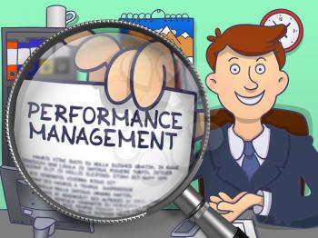 Performance Management. Text on Paper in Businessman's Hand through Magnifier. Multicolor Doodle Illustration.