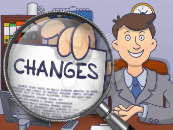 Changes on Paper in Officeman's Hand to Illustrate a Business Concept. Closeup View through Magnifying Glass. Multicolor Modern Line Illustration in Doodle Style.