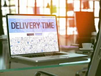 Delivery Time Concept. Closeup Landing Page on Laptop Screen in Doodle Design Style. On Background of Comfortable Working Place in Modern Office. Blurred, Toned Image. 3D Render.