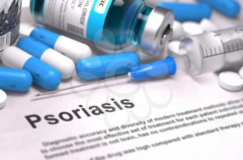 Diagnosis - Psoriasis. Medical Report with Composition of Medicaments - Blue Pills, Injections and Syringe. Blurred Background with Selective Focus. 3D Render.