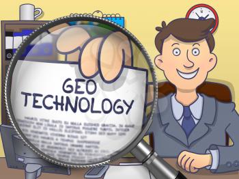 Geo Technology. Smiling Businessman Sitting in Office and Showing Concept on Paper through Lens. Multicolor Doodle Illustration.
