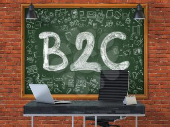 Hand Drawn B2C - Business to Consumer - on Green Chalkboard. Modern Office Interior. Red Brick Wall Background. Business Concept with Doodle Style Elements. 3D.