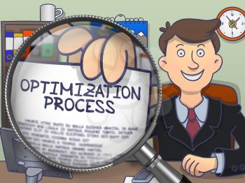 Optimization Process through Magnifying Glass. Man Holding a Paper with Inscription. Closeup View. Colored Doodle Illustration.