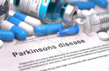 Diagnosis - Parkinsons Disease. Medical Report with Composition of Medicaments - Blue Pills, Injections and Syringe. Blurred Background with Selective Focus. 3D Render.