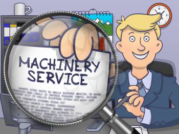 Machinery Service. Officeman Holds Out a Text on Paper through Magnifier. Colored Doodle Style Illustration.