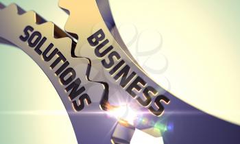 Business Solutions on the Golden Metallic Cogwheels. Golden Metallic Gears with Business Solutions Concept. Business Solutions on the Mechanism of Golden Metallic Gears. 3D.