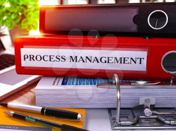 Process Management - Red Office Folder on Background of Working Table with Stationery and Laptop. Process Management Business Concept on Blurred Background. Process Management Toned Image. 3D.