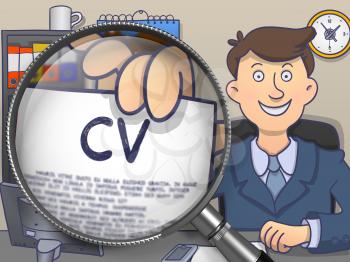 CV - Curriculum Vitae. Cheerful Man in Office Showing Text on Paper through Lens. Multicolor Modern Line Illustration in Doodle Style.
