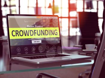 Crowdfunding Concept. Closeup Landing Page on Laptop Screen  on background of Comfortable Working Place in Modern Office. Blurred, Toned Image. 3D Render.