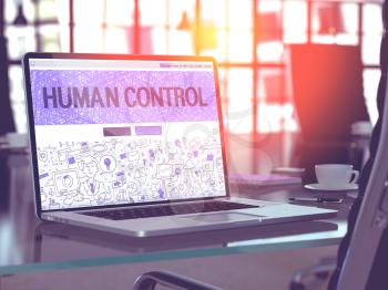 Human Control Concept. Closeup Landing Page on Laptop Screen in Doodle Design Style. On Background of Comfortable Working Place in Modern Office. Blurred, Toned Image. 3D Render.