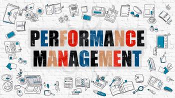 Performance Management - Multicolor Concept with Doodle Icons Around on White Brick Wall Background. Modern Illustration with Elements of Doodle Design Style.
