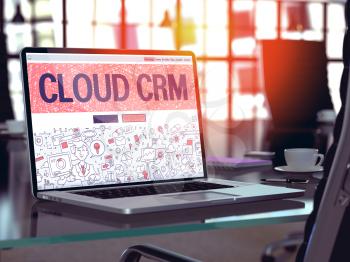 Cloud CRM - Customer Relationship Management - Concept - Closeup on Landing Page of Laptop Screen in Modern Office Workplace. Toned Image with Selective Focus. 3D Render.