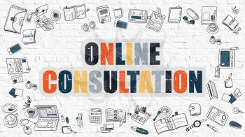 Online Consultation Concept. Online Consultation Drawn on White Wall. Online Consultation in Multicolor. Doodle Design Style of Online Consultation. Line Style Illustration. White Brick Wall.