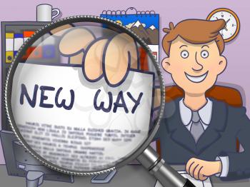 New Way on Paper in Officeman's Hand to Illustrate a Business Concept. Closeup View through Magnifier. Colored Doodle Style Illustration.