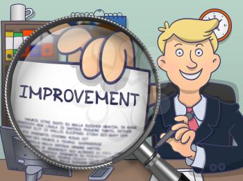 Improvement on Paper in Business Man's Hand to Illustrate a Business Concept. Closeup View through Lens. Colored Doodle Style Illustration.