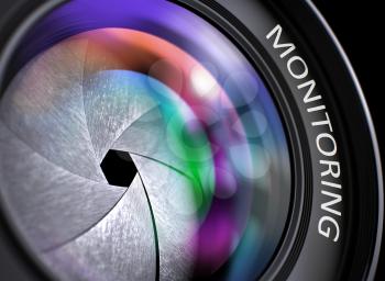 Monitoring on Front Glass of Camera Lens. Colorful Lens Flares. Monitoring Concept. Closeup Photographic Lens with Reflection. Black Background. 3D.