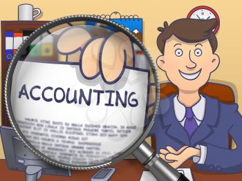 Accounting. Officeman Showing Text on Paper through Lens. Multicolor Doodle Style Illustration.