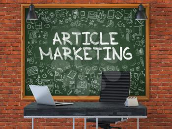 Article Marketing - Handwritten Inscription by Chalk on Green Chalkboard with Doodle Icons Around. Business Concept in the Interior of a Modern Office on the Red Brick Wall Background. 3D.