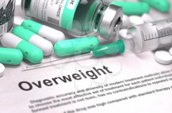 Diagnosis - Overweight. Medical Report with Composition of Medicaments - LIght Green Pills, Injections and Syringe. Blurred Background with Selective Focus. 3D Render.