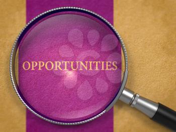 Opportunities Concept through Magnifier on Old Paper with Dark Lilac Vertical Line Background. 3D Render.