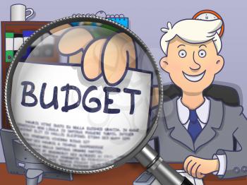 Officeman in Suit Holding a Paper with Budget Concept through Magnifier. Closeup View. Colored Doodle Style Illustration.