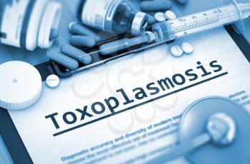 Toxoplasmosis, Medical Concept with Pills, Injections and Syringe. Toxoplasmosis - Printed Diagnosis with Blurred Text. Toned Image. 3D.