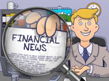 Businessman Showing a Paper with Inscription Financial News. Closeup View through Lens. Colored Modern Line Illustration in Doodle Style.