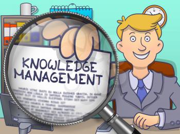 Businessman Sitting in Office and Holds Out a Paper with Knowledge Management concept. Closeup View through Magnifier. Colored Modern Line Illustration in Doodle Style.