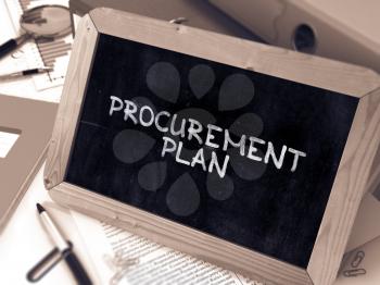 Handwritten Procurement Plan on a Chalkboard. Composition with Chalkboard and Ring Binders, Office Supplies, Reports on Blurred Background. Toned Image. 3D Render.