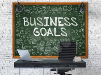 Hand Drawn Business Goals on Green Chalkboard. Modern Office Interior. White Brick Wall Background. Business Concept with Doodle Style Elements. 3D.