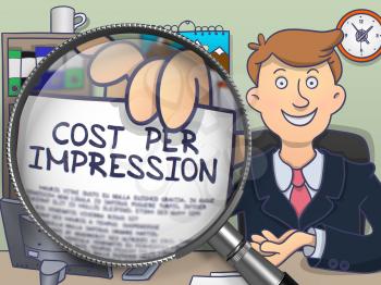 Man Showing Concept on Paper - Cost Per Impression. Closeup View through Magnifier. Multicolor Modern Line Illustration in Doodle Style.
