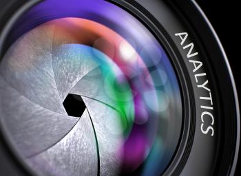 Analytics on SLR Camera Lens. Colorful Lens Flares. Selective Focus with Shallow Depth of Field. Lens of Digital Camera with Analytics Concept, Closeup. Lens Flare Effect. 3D Render.
