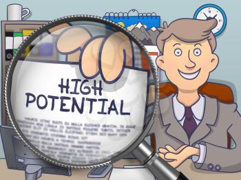 High Potential through Lens. Businessman Showing Paper with Concept. Closeup View. Multicolor Doodle Illustration.