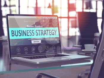 Business Strategy Concept. Closeup Landing Page on Laptop Screen  on background of Comfortable Working Place in Modern Office. Blurred, Toned Image. 3D Render.