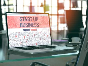 Start Up Business Concept. Closeup Landing Page on Laptop Screen in Doodle Design Style. On Background of Comfortable Working Place in Modern Office. Blurred, Toned Image. 3D Render.