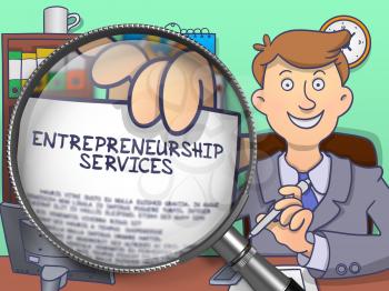 Entrepreneurship Services. Man Shows Paper with Business Offer through Magnifying Glass. Colored Doodle Illustration.