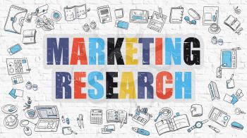 Marketing Research - Multicolor Concept with Doodle Icons Around on White Brick Wall Background. Modern Illustration with Elements of Doodle Design Style.
