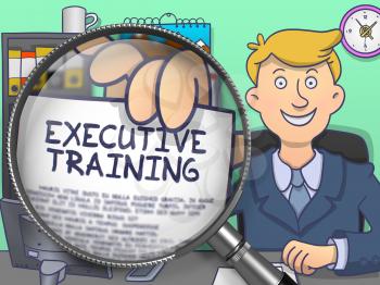 Executive Training on Paper in Business Man's Hand to Illustrate a Business Concept. Closeup View through Magnifier. Multicolor Doodle Style Illustration.