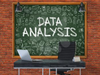 Hand Drawn Data Analysis on Green Chalkboard. Modern Office Interior. Red Brick Wall Background. Business Concept with Doodle Style Elements. 3D.