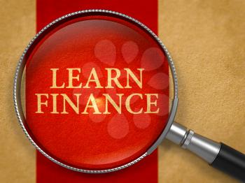 Learn Finance through Magnifying Glass on Old Paper with Crimson Vertical Line Background. 3D Render.