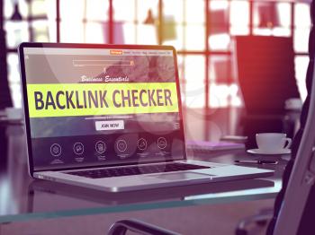 Backlink Checker Concept - Closeup on Laptop Screen in Modern Office Workplace. Toned Image with Selective Focus. 3D Render.