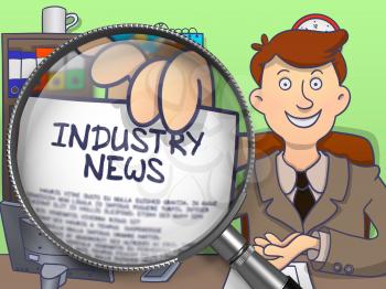 Businessman in Suit Shows Paper with Text Industry News through Magnifier. Closeup View. Colored Modern Line Illustration in Doodle Style.