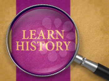 Learn History through Magnifying Glass on Old Paper with Dark Lilac Vertical Line Background. 3D Render.