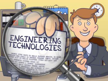 Engineering Technologies. Businessman in Office Showing Concept on Paper through Magnifier. Colored Doodle Illustration.
